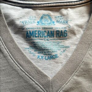 American Rag Beige V-Neck Tee with Blue Print